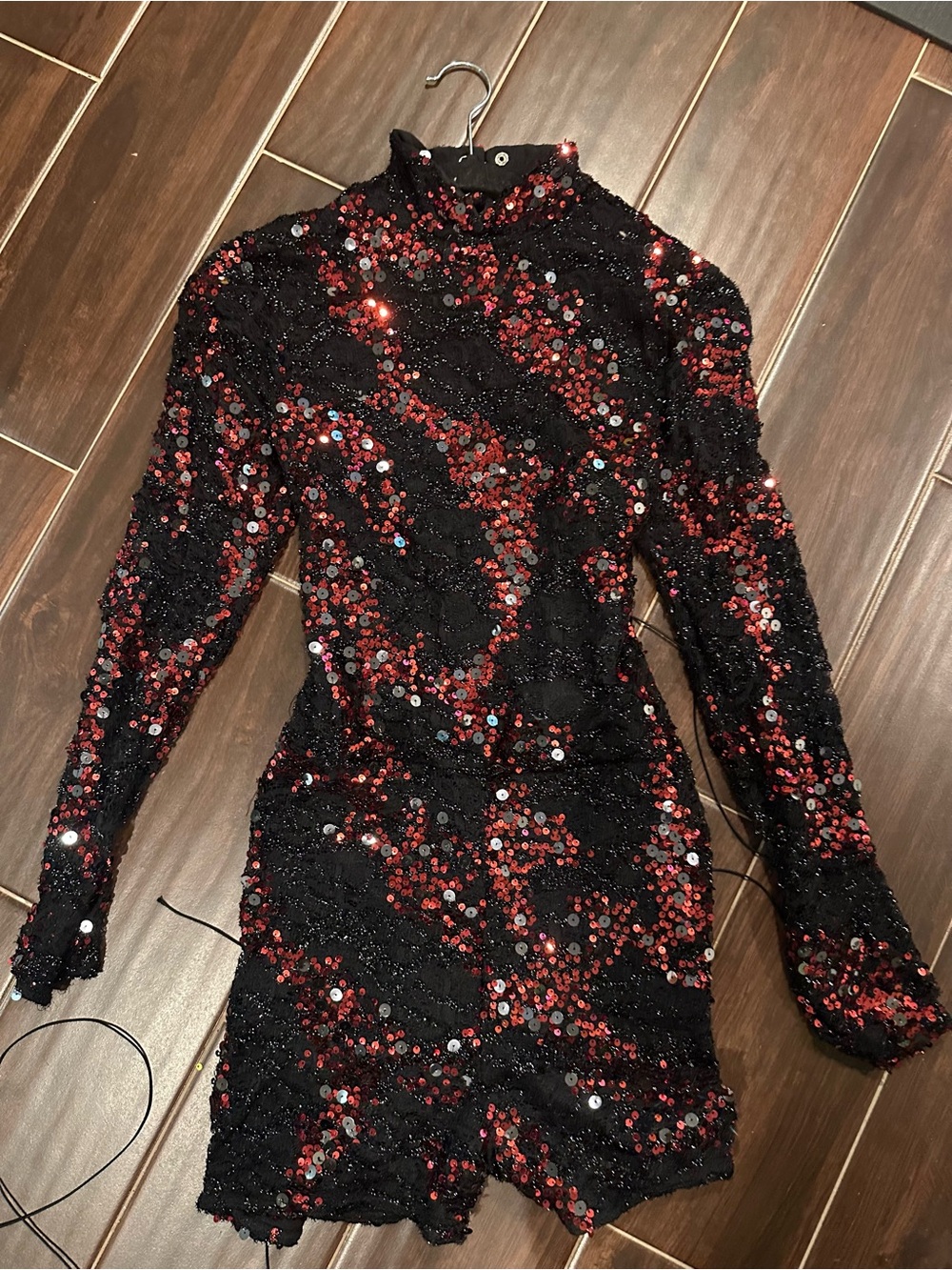 Kelle Black & Red Sequin Long-Sleeve short body suit with High Neck